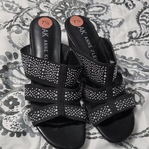 Anne Klein Black Studded Triple-Strap Slide Mules